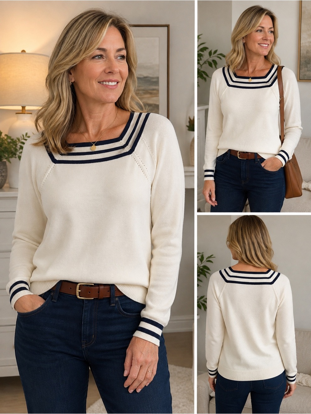 Liz Claiborne Liz & Co Womens L Sweater Ivory Navy Nautical Stripe Cotton Knit